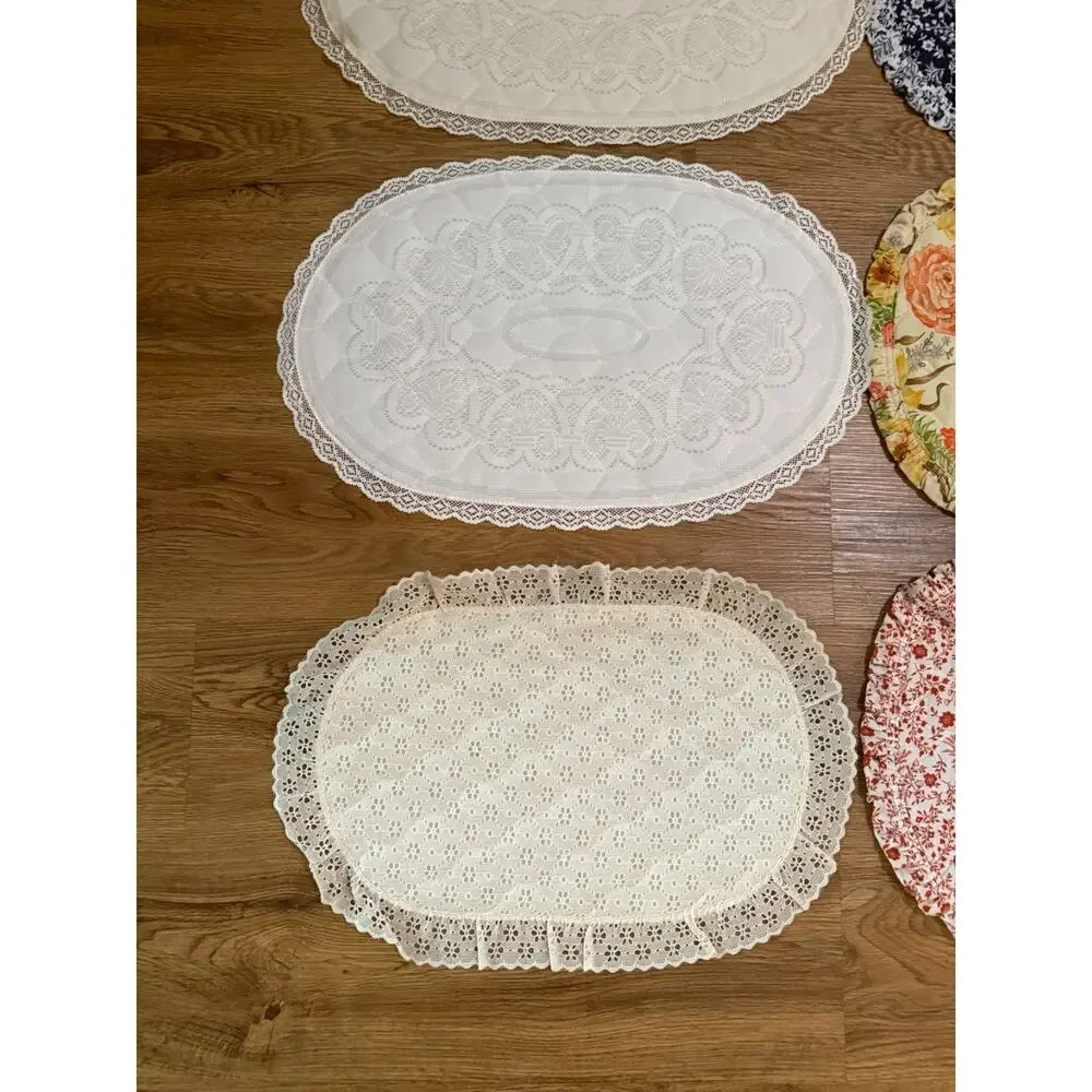 Lot of 8 Vintage Quilted Oval Table Placemats Doilies Lace Floral Cottage